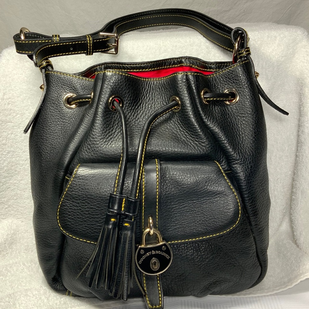Dooney & Bourke Black Leather Drawstring Shoulder Bag with Red Interior